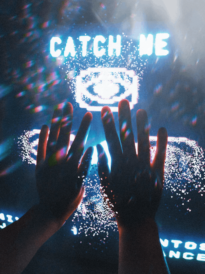 Hands reaching towards a digital screen displaying catch me, creating an interactive and futuristic feel.